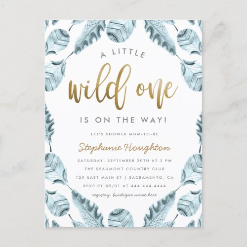 Blue Boho Feathers Gold Wild One Boy Baby Shower Invitation Postcard