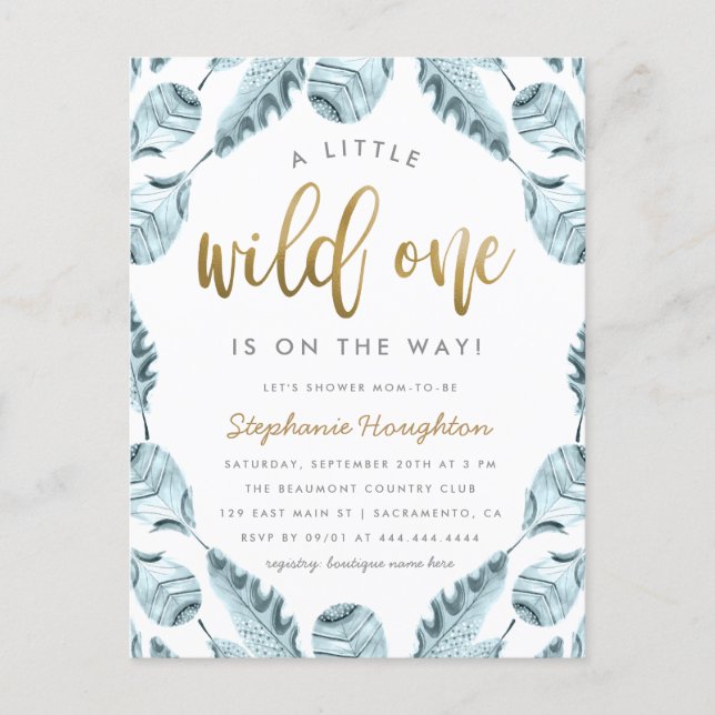 Blue Boho Feathers Gold Wild One Boy Baby Shower Invitation Postcard (Front)
