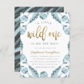 Blue Boho Feathers Gold Wild One Boy Baby Shower Invitation Postcard (Front/Back)