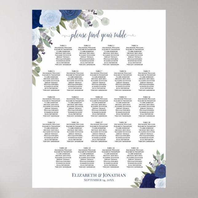 Blue Boho Floral 23 Table Wedding Seating Chart (Front)