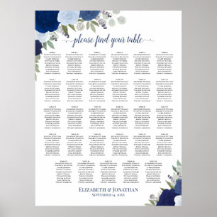 Blue Boho Floral 29 Table Wedding Seating Chart