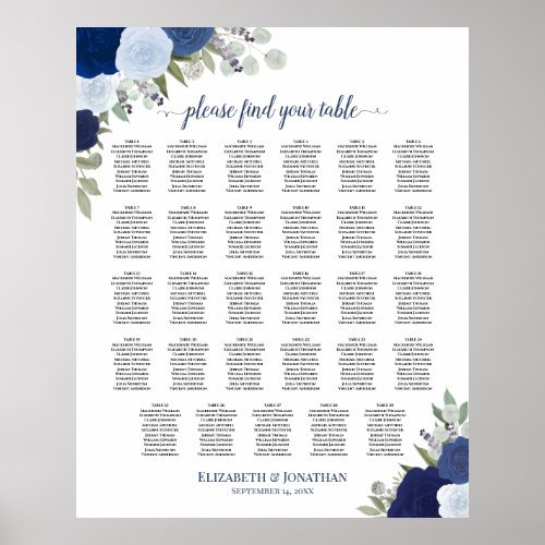 Blue Boho Floral 29 Table Wedding Seating Chart