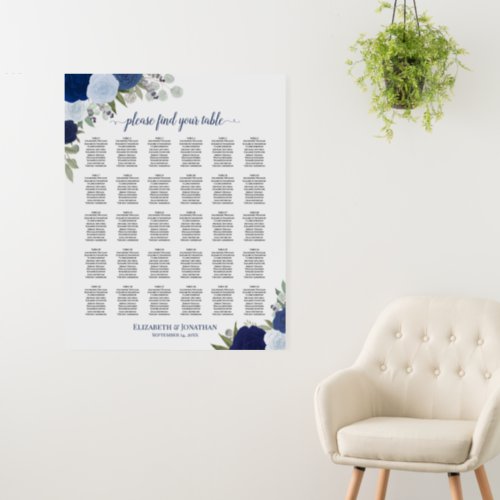 Blue Boho Floral 30 Table Wedding Seating Chart Foam Board