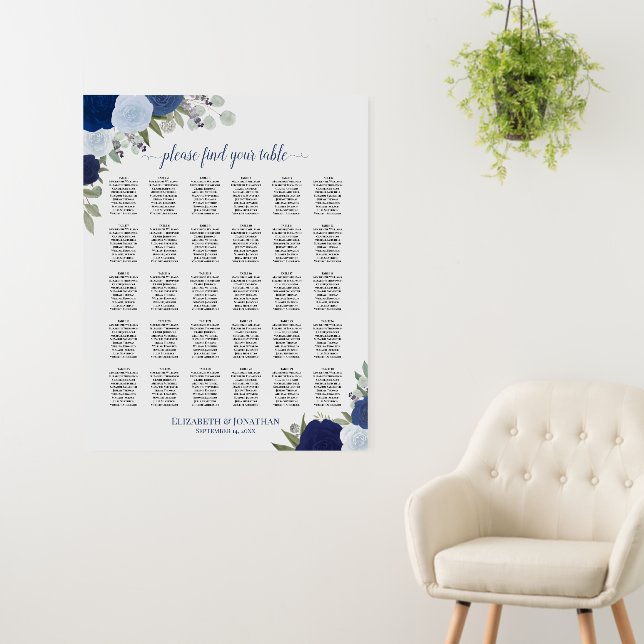 Blue Boho Floral 30 Table Wedding Seating Chart Foam Board (In Situ (Wall))
