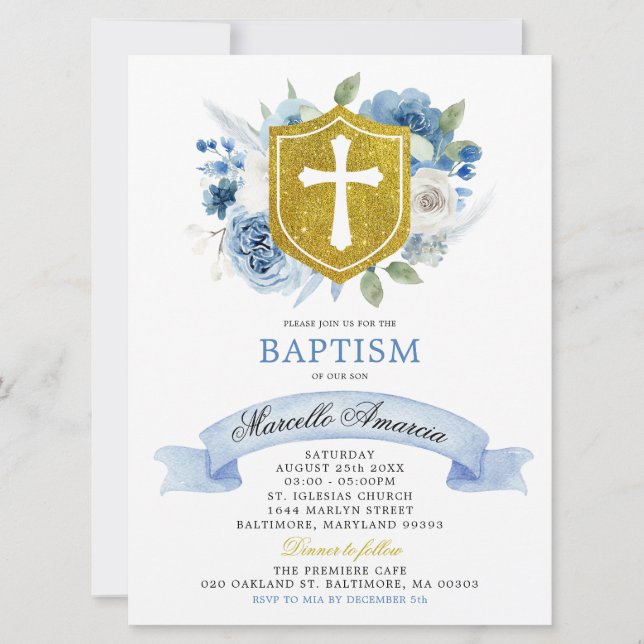 Blue Boho Floral and Gold Crest Baptism Invitation (Front)