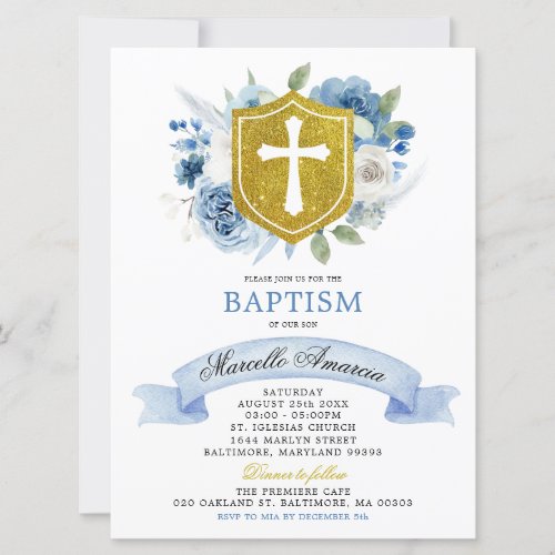 Blue Boho Floral and Gold Crest Baptism Invitation