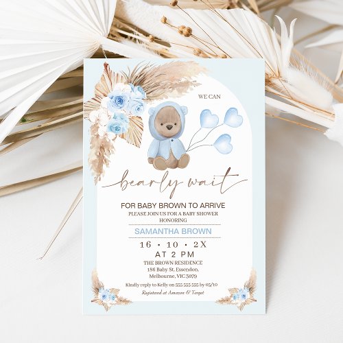 Blue Boho Floral Arch Bearly Wait Baby Shower Invitation
