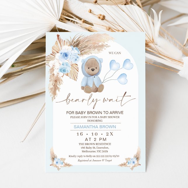 Blue Boho Floral Arch Bearly Wait Baby Shower Invitation (Boy's blue boho floral and arch we can bearly wait for baby to arrive baby shower invitation.)