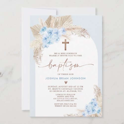 Blue Boho Floral Arch Boys Baptism Invitation