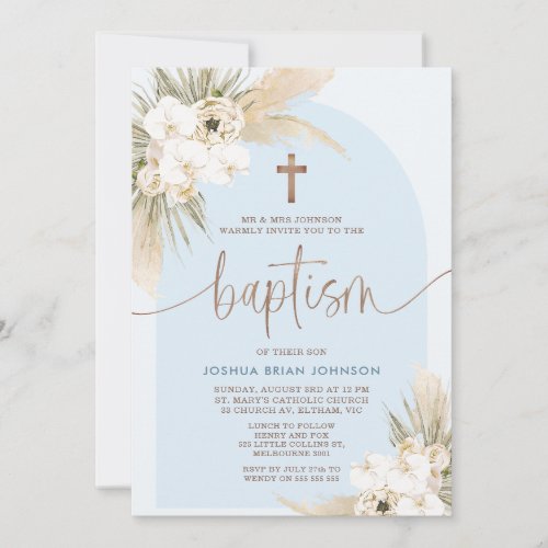 Blue Boho Floral Arch Boys Baptism Invitation