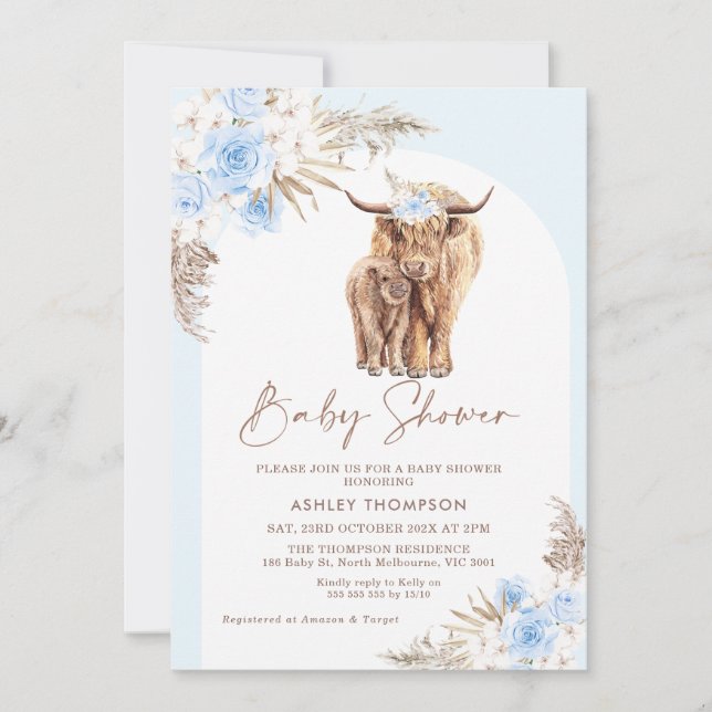 Blue Boho Floral Arch Highland Cow Baby Shower Invitation (Front)