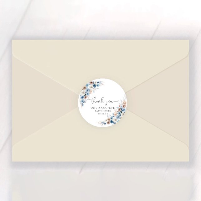 Blue Boho Floral Baby Shower Classic Round Sticker (Creator Uploaded)