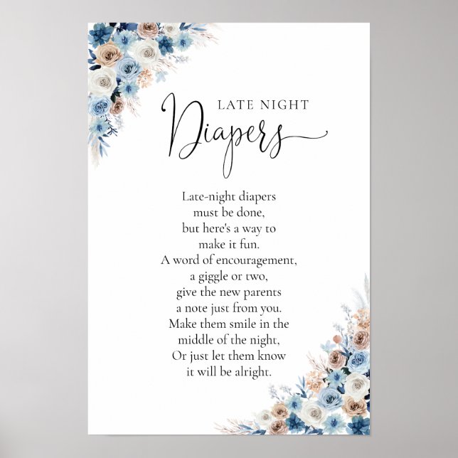 Blue Boho Floral Baby Shower Poster (Front)