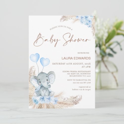 Blue Boho Floral Boys Elephant baby Shower Invitation