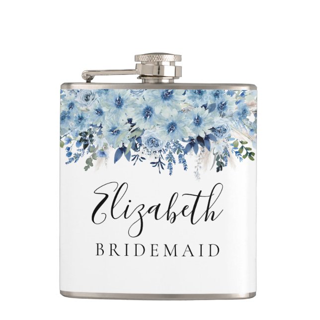 Blue Boho Floral Bridal Shower Flask (Front)
