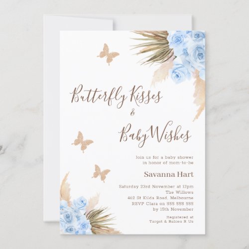 Blue Boho Floral Butterfly Kisses Baby Shower Invitation