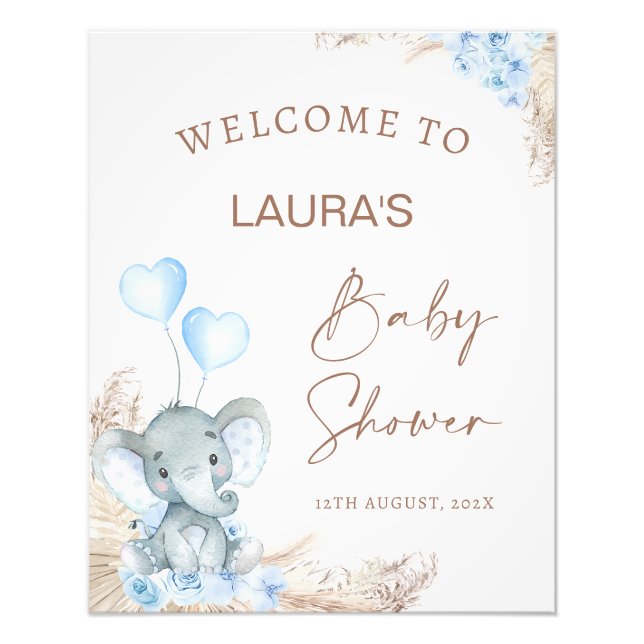 Blue Boho Floral Elephant Baby Shower Welcome Sign (Front)