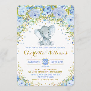 Blue Boho Floral Elephant Invite Boy Baby Shower
