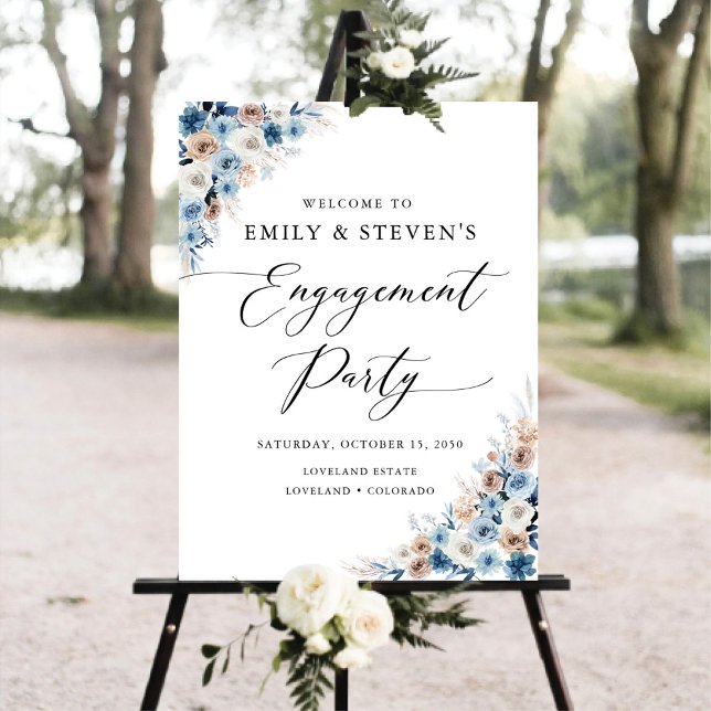 Blue Boho Floral Engagement Party Foam Board (Creator Uploaded)