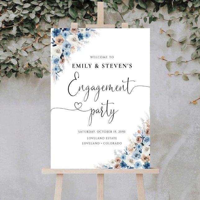 Blue Boho Floral Engagement Party Foam Board (Creator Uploaded)