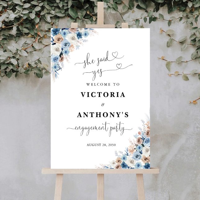 Blue Boho Floral Engagement Party Foam Board (Creator Uploaded)