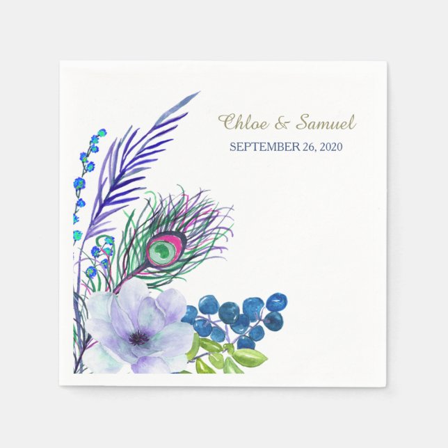 Blue Boho Floral Feather Wedding Napkins (Front)