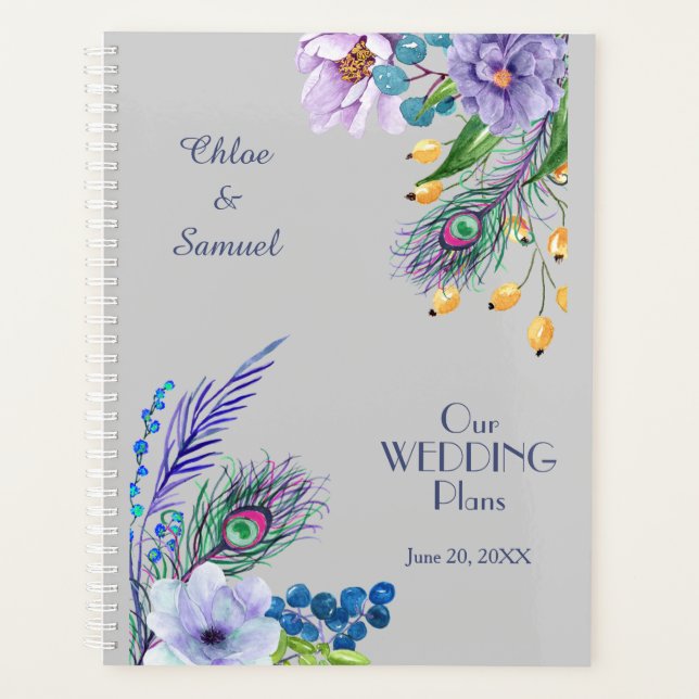 Blue Boho Floral Feather Wedding Planner (Front)