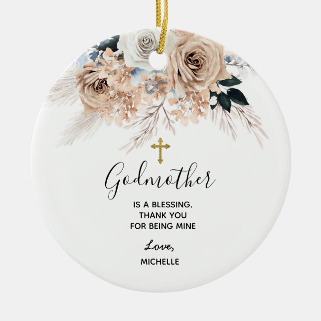 Blue Boho Floral Godmother keepsake Ceramic Ornament (Front)