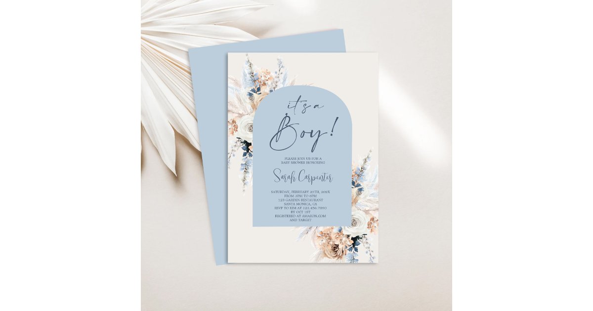 Blue Boho Floral Pampas Grass Baby Shower Boy Invitation | Zazzle