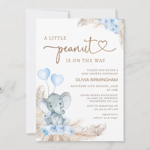 Blue Boho Floral Peanut Elephant Baby Shower Invitation