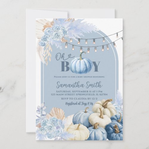 Blue Boho Floral Pumpkin Baby Shower Invitation