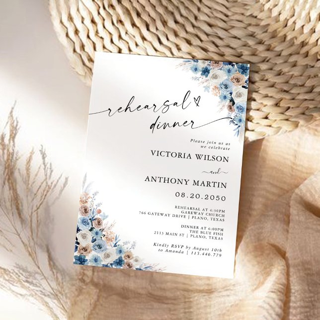 Blue Boho Floral Rehearsal Dinner Invitation (Creator Uploaded)
