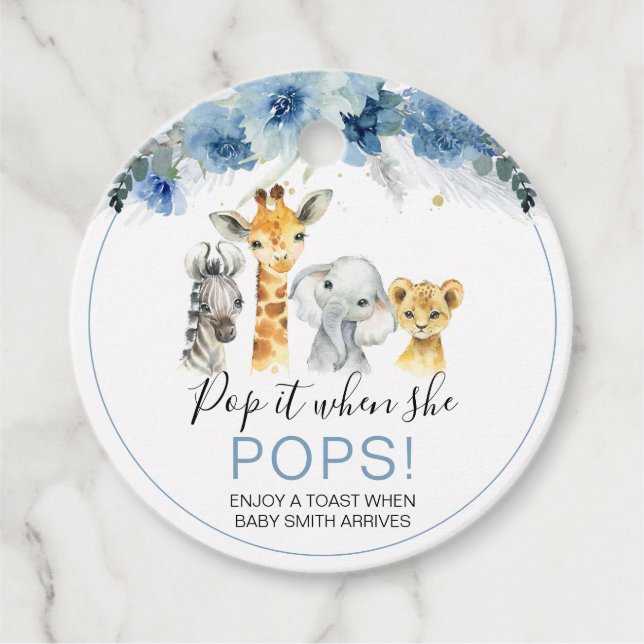 Blue Boho Floral Safari Baby Shower Pop It Favor Tags (Front)