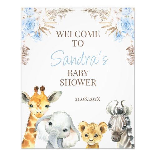 Blue Boho Floral Safari Baby Shower Welcome Sign