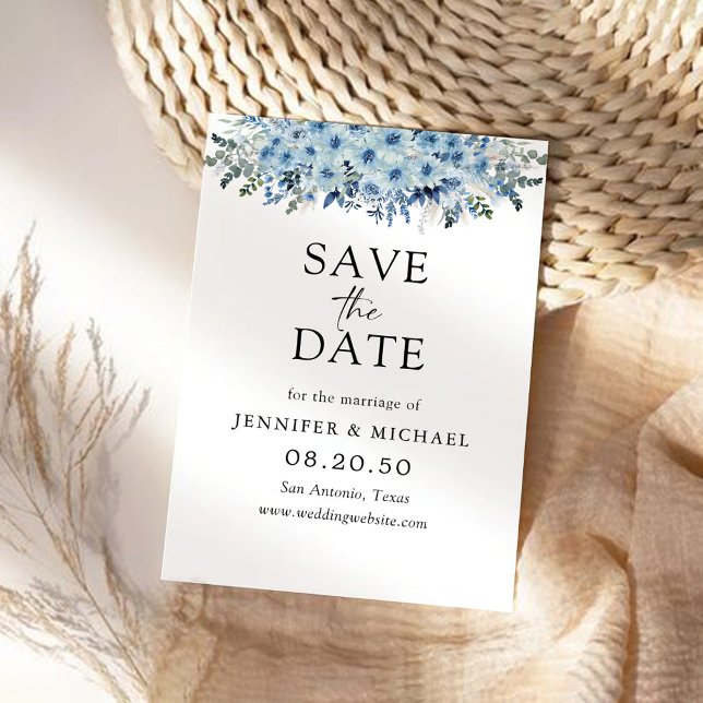 Blue Boho Floral Save The Date Card (Creator Uploaded)