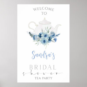 Blue Boho Floral Tea Party Bridal Shower Welcome Poster