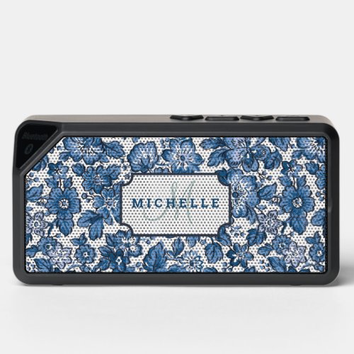 Blue Boho Floral wName  Monogram Bluetooth Speaker