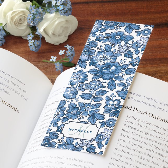 Blue Boho Floral w/Name & Monogram Bookmarks (Creator Uploaded)