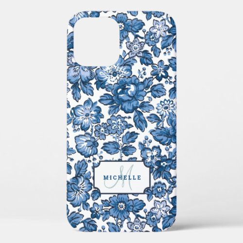 Blue Boho Floral wName  Monogram iPhone 12 Case