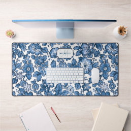 Blue Boho Floral w/Name &amp; Monogram Desk Mat