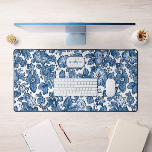 Blue Boho Floral w/Name & Monogram Desk Mat