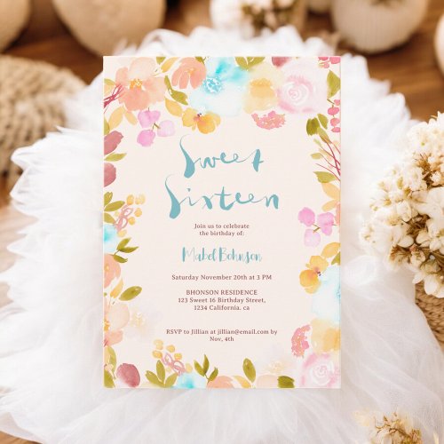 blue boho floral watercolor script Sweet 16  Invitation