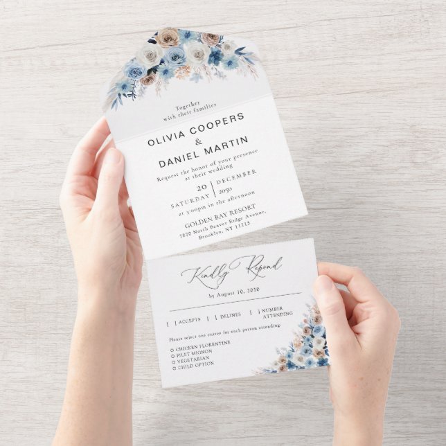 Blue Boho Floral Wedding All in One Invitation (Tearaway)