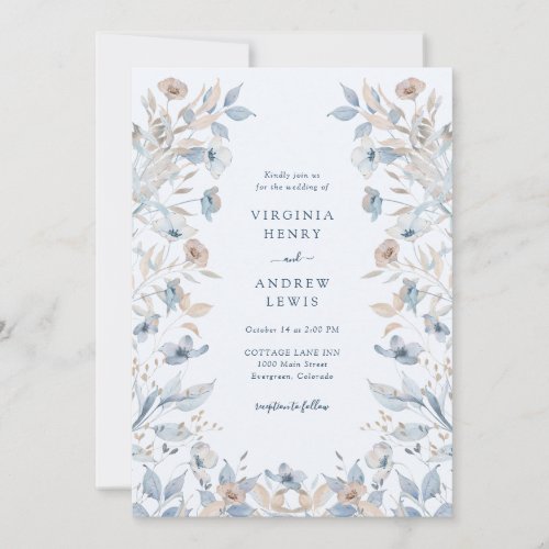 Blue Boho Floral Wedding Invitation