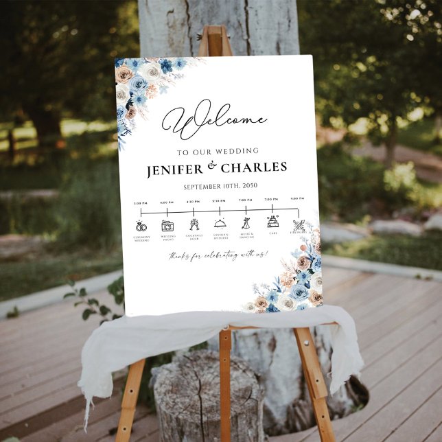 Blue Boho Floral Wedding Timeline Foam Board (Creator Uploaded)