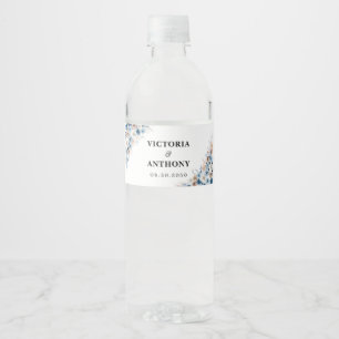 Blue Boho Floral Wedding Water Bottle Label