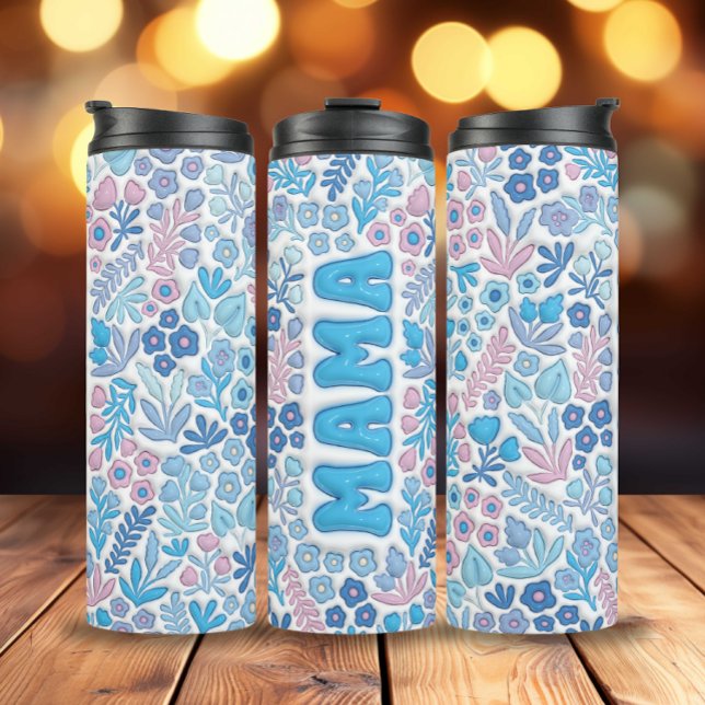 Blue Boho Flowers 3D Inflated Mama Thermal Tumbler (3D Inflated Blue Boho Flowers Pattern Mama Thermal Tumbler)