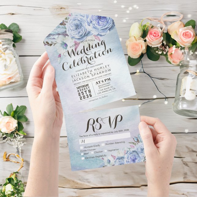 Blue Boho Flowers Feather Rustic Wood Wedding RSVP All In One Invitation (Creator Uploaded)