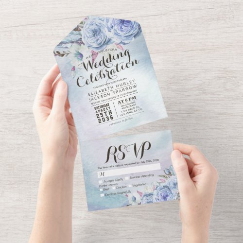 Blue Boho Flowers Feather Rustic Wood Wedding RSVP All In One Invitation
