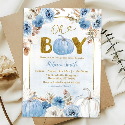 Blue Boho Gold Pumpkin Fall Oh Boy Baby Shower Invitation